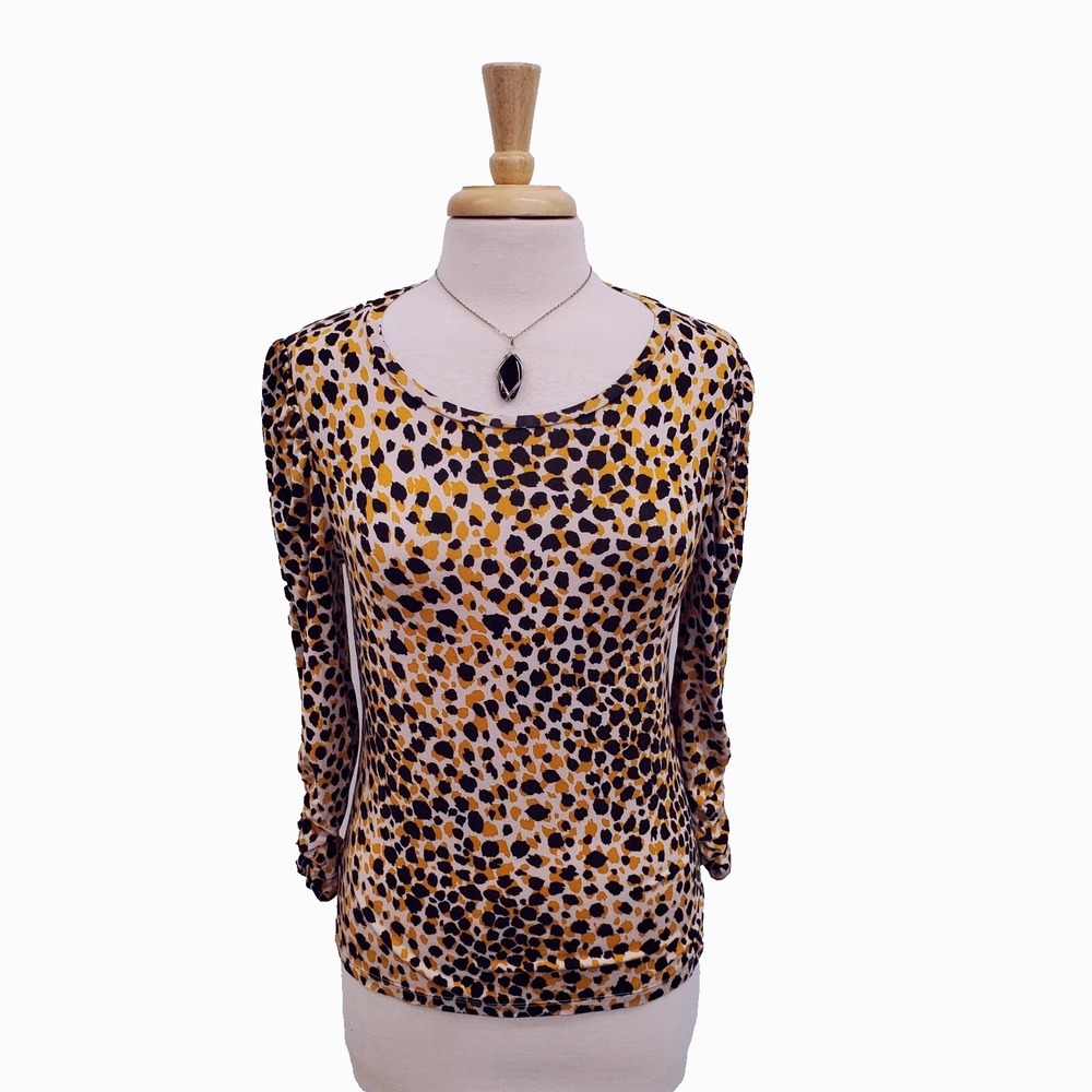 Ann Taylor Womens M Animal Print Top Ruched Sleeve Stretch Modal Spandex Blouse